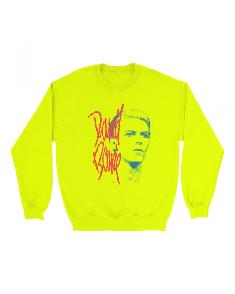 David Bowie Bright Colored Sweatshirt | Peach Bowie Photo Design Sweatshirt $11.18 Sweatshirts