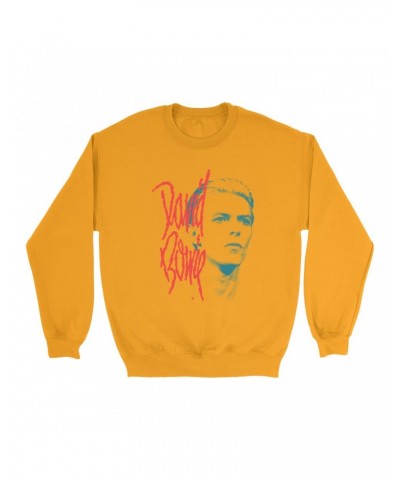 David Bowie Bright Colored Sweatshirt | Peach Bowie Photo Design Sweatshirt $11.18 Sweatshirts