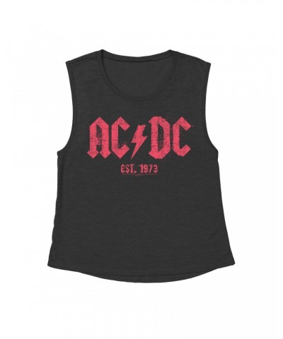 AC/DC Ladies' Muscle Tank Top | Est. 1973 Red Design Distressed Shirt $16.48 Shirts